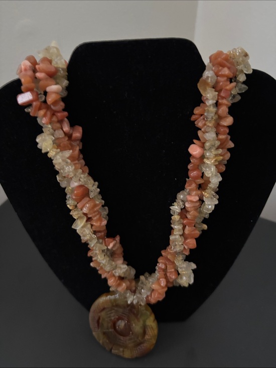 Jewelry - Handcrafted Coral and Citrine Chip Necklace with Round Pendant